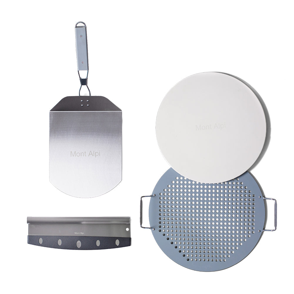 Mont Alpi Universal Pizza Converter Kit (MAPK) with XL pizza stone, fold-up peel, Chicago-style pizza cutter, and steel stone rest.