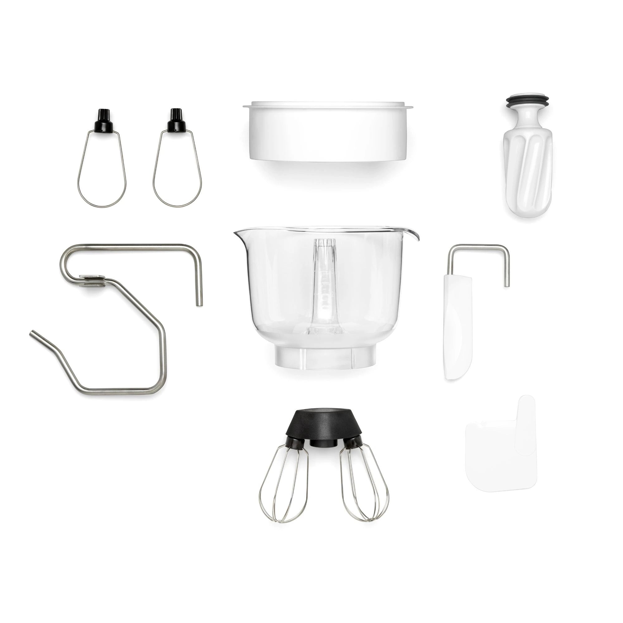 Ankarsrum Assistent Original Stand Mixer in light-creme (akm-6230-lc) base package includes a stainless bowl, dough roller, dough knife, spatula, dough hook, proving lid, 3.5L Tritan plastic whisking bowl, balloon whisks, and shortcrust dough hooks for versatile baking and mixing.