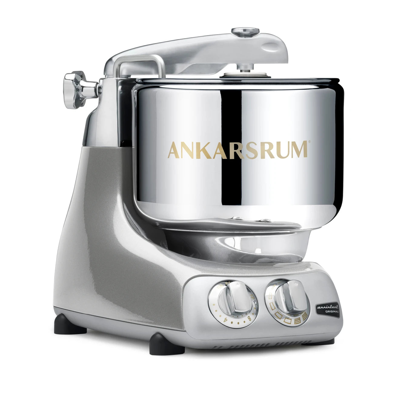 Buy the Ankarsrum Assistent Original Stand Mixer in jubilee-silver (akm-6230-js, gloss-finish) – a high-performance kitchen mixer designed for kneading and mixing dough with ease.