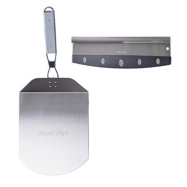 Accessories from the Mont Alpi Pizza Converter Kit (MAPK), including an oversize peel, pizza cutter, and XL stone.