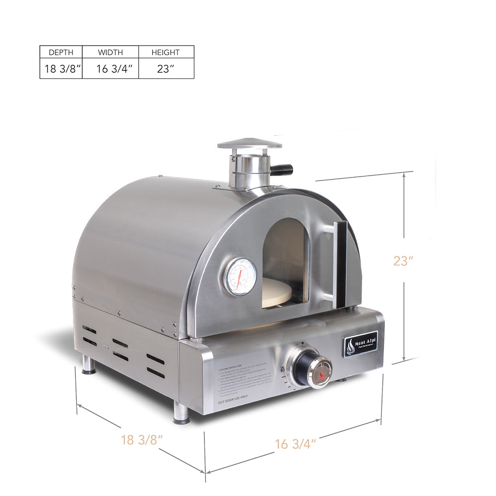 Dimensions of the Mont Alpi Portable Pizza & Roast-Ready Oven (MAPZ-SS ii), detailed for accurate sizing.
