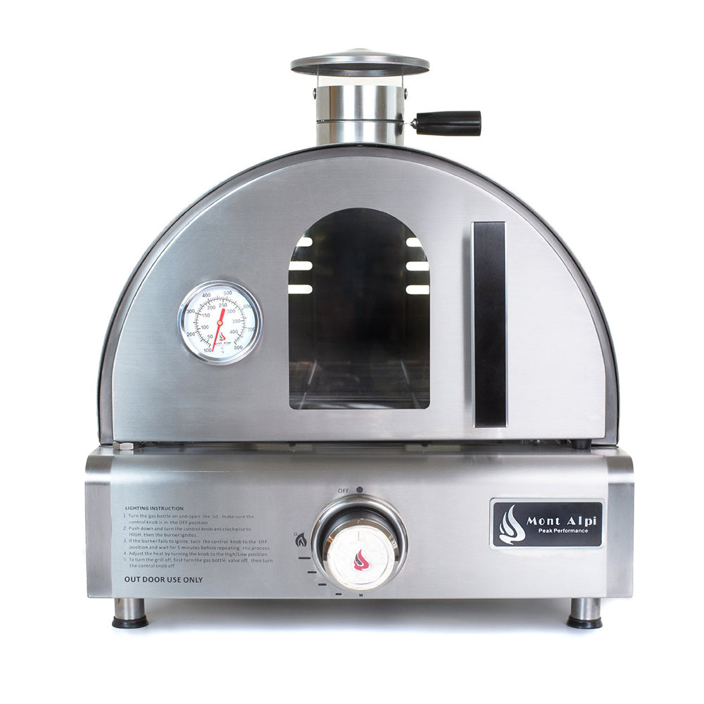 Front view of the Mont Alpi Portable Pizza & Roast-Ready Oven (MAPZ-SS ii), showcasing its durable and portable design.