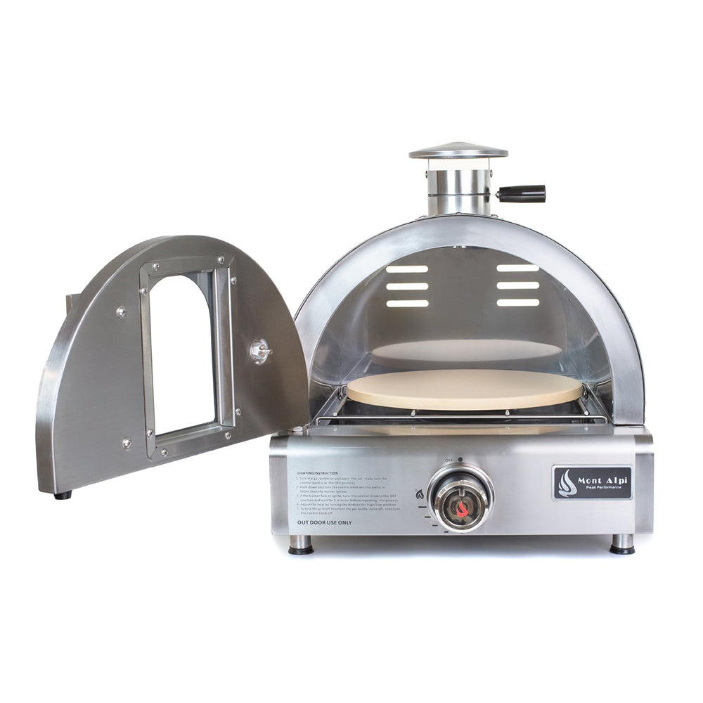 Mont Alpi Portable Pizza & Roast-Ready Oven (MAPZ-SS ii) with door open, front view showing spacious interior.