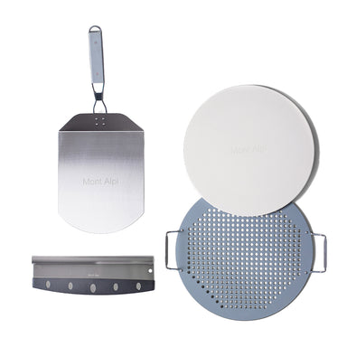 Mont Alpi Universal Pizza Converter Kit (MAPK) with XL pizza stone, fold-up peel, Chicago-style pizza cutter, and steel stone rest.