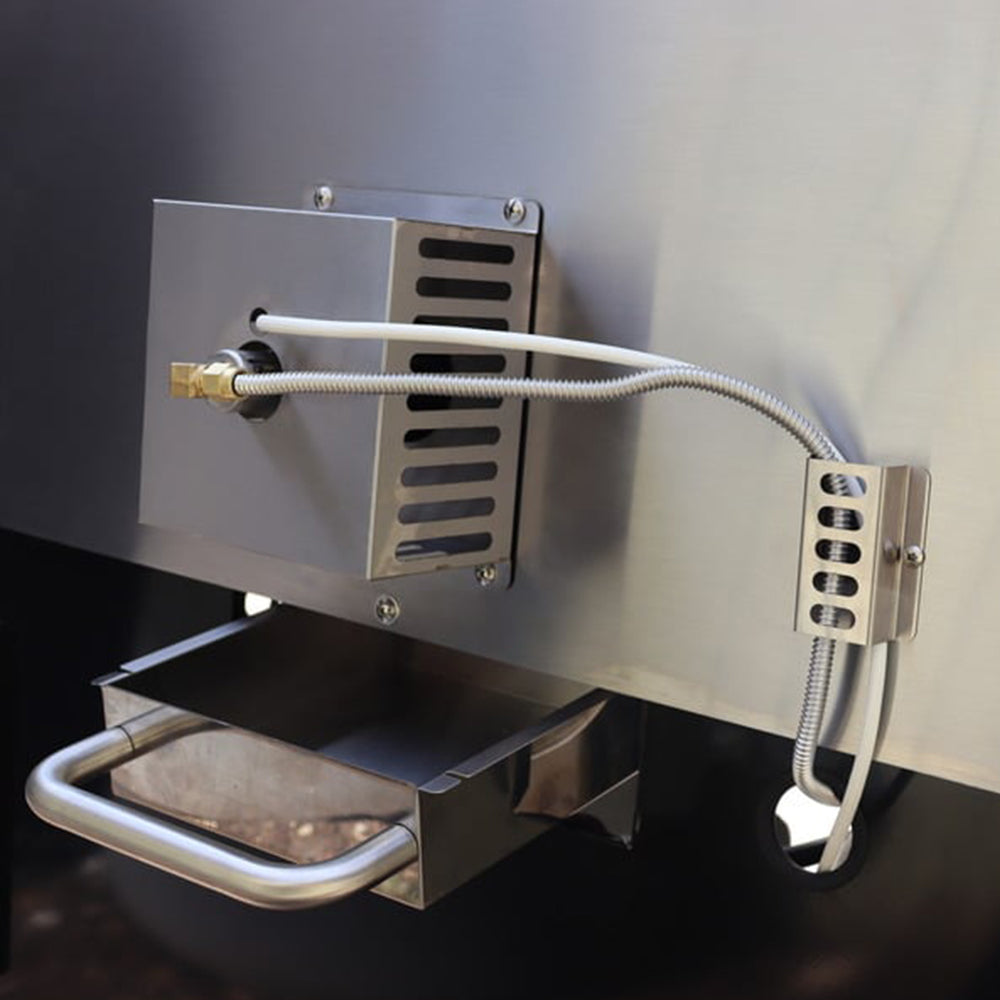Close-up back view of the Pyro Kitchen Caldo V2 Hybrid Pizza Oven showing its stainless steel drip tray, gas connection, and 35,000 BTU burner for powerful cooking performance.