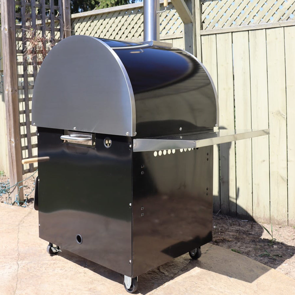 Back view of the Pyro Kitchen Vera V2 Wood Fired Pizza Oven showcasing its durable 304 stainless steel construction and insulated dome.